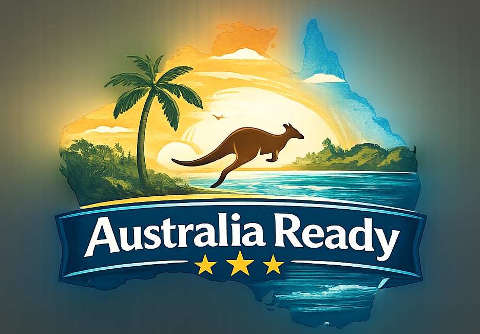 Australia Ready Logo mit Australien-Silhouette und Känguru